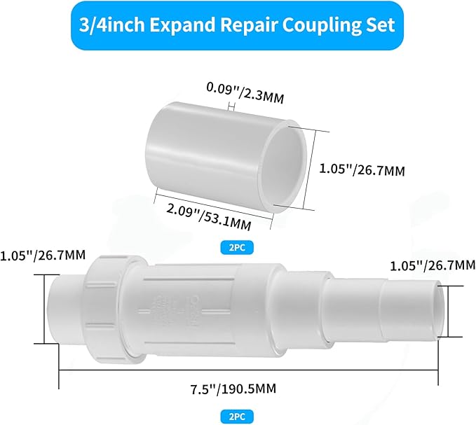 LESSO 3/4 Inch PVC Pipe Repair Kit, 3/4" PVC Repair Coupling for Broken or Cracked In-Ground Pipes Waterproof Durable, SCH40 White (2 Sets)