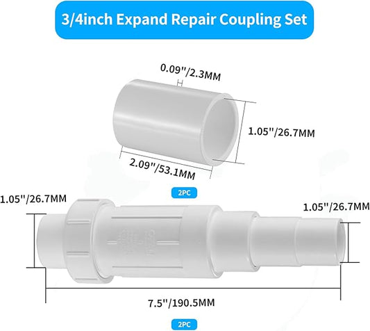 LESSO 3/4 Inch PVC Pipe Repair Kit, 3/4" PVC Repair Coupling for Broken or Cracked In-Ground Pipes Waterproof Durable, SCH40 White (2 Sets)