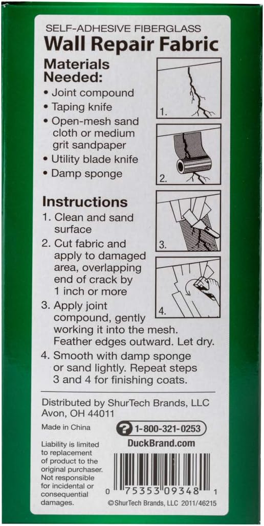 Duck Brand Self-Adhesive Drywall Repair Fabric, 6-Inch by 25 Feet, Single Roll, White (282084) (Pack of 4)