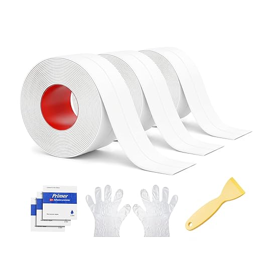 Caulk Tape Waterproof Self Adhesive, Peel and Stick Caulking Strip for Bathtub Toilet and Kitchen Sink, Flexible PVC Bathroom Seal Tape for Shower Edge and Gap Repair (3 Rolls)