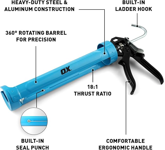 OX Pro 29 Ounce Heavy Duty Caulk Gun - 18:1 Thrust Ratio 360-Degree Rotating Barrel Caulking Gun - Steel and Aluminum Construction with Ergonomic Handle Caulking Tool OX-T046502
