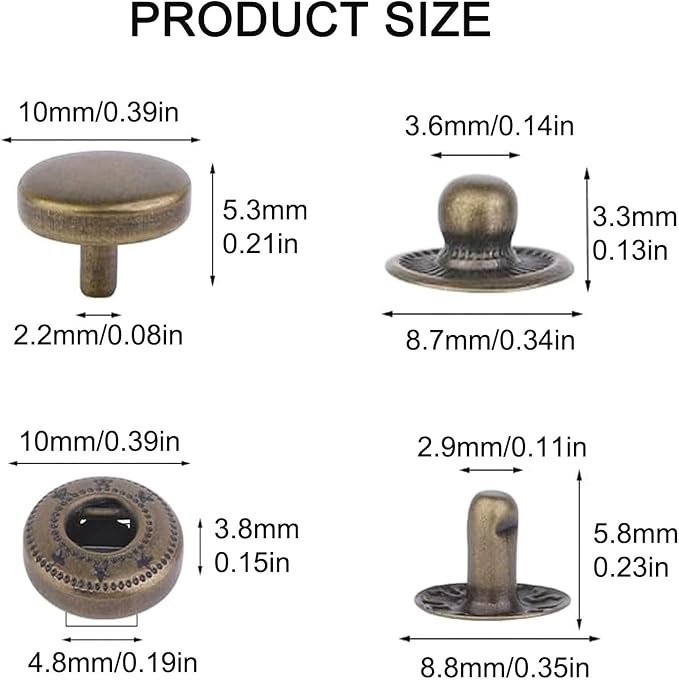 BetterJonny 24 Sets Heavy Duty Leather Snap Fasteners Kit, 10mm Metal Snap Buttons Press Studs Leather Rivets Snaps with 4 Setter Tools for Clothes Bracelet Jackets Jeans, 3 Color