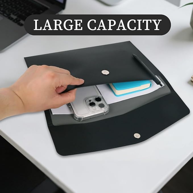 MultiBey PU Leather A4 Document Holder File Organizer with Snap Closure, Waterproof/Water‑Resistant A4 & Letter Size Envelope Folder 13 x 9.5 in - Holds up to 100 Sheets (Black)