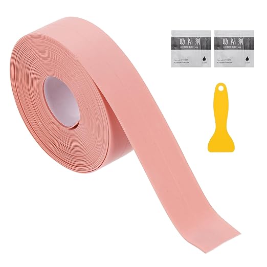uxcell Caulk Tape Waterproof, 0.83 Inch x 16.4 ft Self-Adhesive Sealant Sealing Strip Caulking Sealant Tape PVC with Tool for Kitchen Sink Toilet Bathroom Bathtub Floor, Pink
