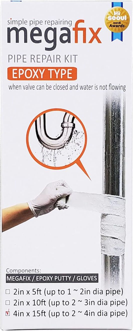 Pipe Repair KIT, Fiberglass Wrap, Water Leak, Plumbing, Underwater OK, Emergency, Self DIY, Permanent (Epoxy Type, 4in x 15ft)