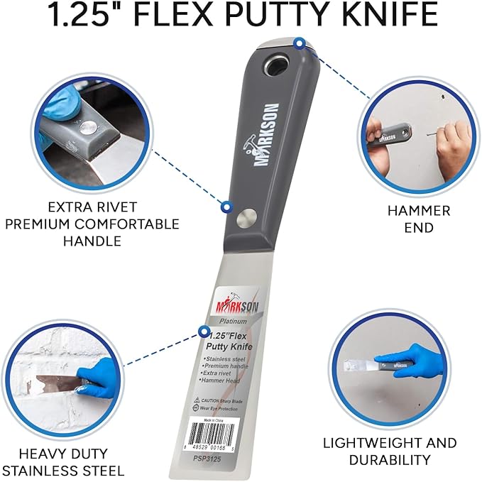 MARKSON Putty Knife Scraper Tool 1-1/4 in, Drywall Spackle Stainless Steel Blade, Paint Scraper with Nylon Handle and Hammer End