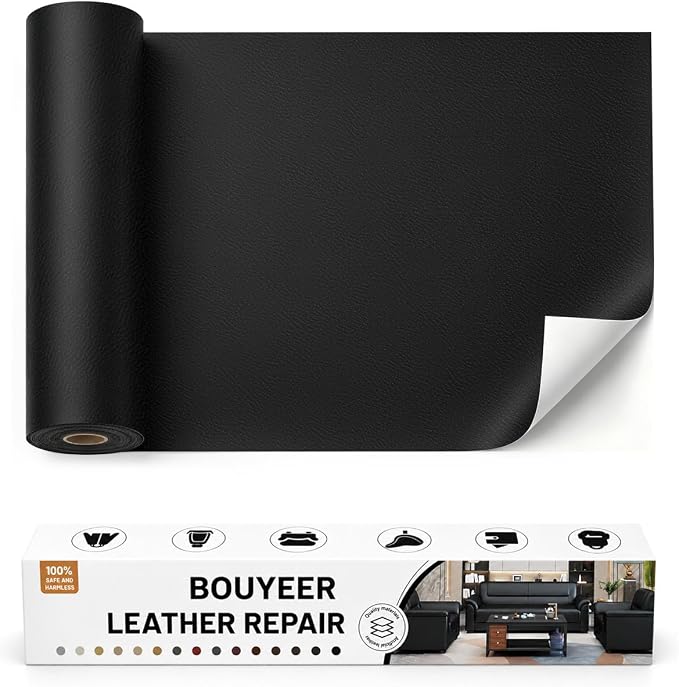 BOUYEER Leather Repair Patch Tape Kit,Self Adhesive Leather Repair for Sofa，Car Seat,Office Chair,Furniture,Jacket,Waterproof Strong Adhesive Vinyl Repair Kit. 17 in x 79 in,Fine Grained Black