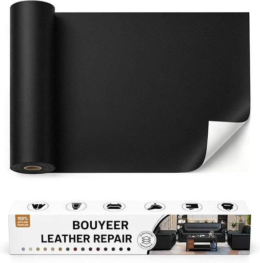 BOUYEER Leather Repair Patch Tape Kit,Self Adhesive Leather Repair for Sofa，Car Seat,Office Chair,Furniture,Jacket,Waterproof Strong Adhesive Vinyl Repair Kit. 17 in x 79 in,Fine Grained Black