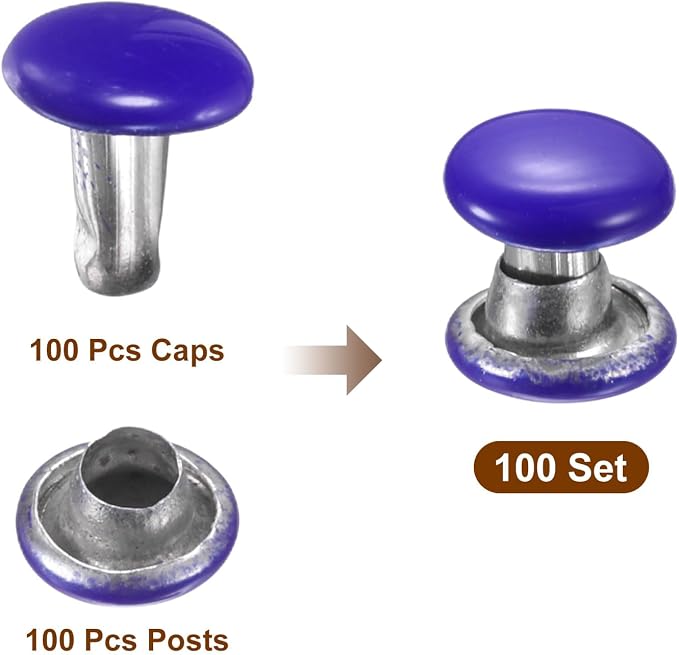 HARFINGTON 100 Sets Double Cap Leather Rivets, 6x6mm Round Cap Tubular Metal Studs Leather Crafting Rivets for Fabric Belt Pet Collar Boot Bag Repair and Decoration, Purple