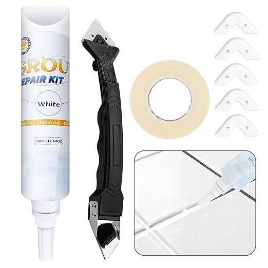 17.64 oz Tile Grout Repair Kit - Grout Filler, Fast Drying Sealer Waterproof Paint with Silicone Trowel Scraper, Restore & Renew Bathroom Shower Kitchen Floor Tile Joints, Line, Gaps (White)