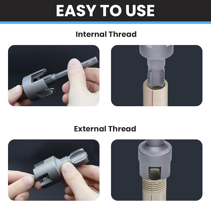 PVC Pipe Threader Kit, 1/2" and 3/4" Internal External Threading Tool with Seal Tape, Electric Drill Compatible for Plastic Pipe Plumbing Repair and Maintenance