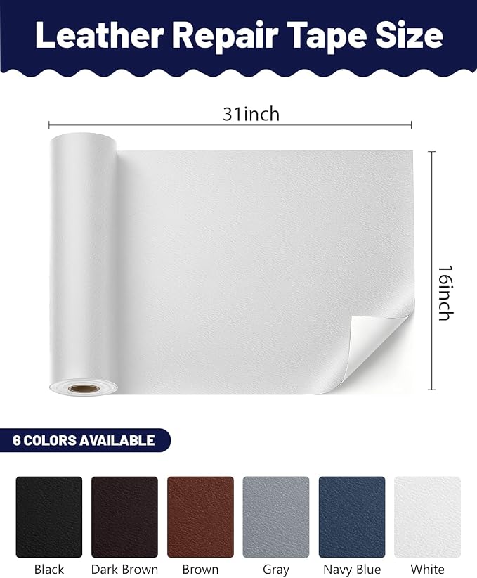 BOUYEER Leather Repair Patch Tape Kit,Self Adhesive Leather Repair for Sofa，Car Seat,Office Chair,Furniture,Jacket,Waterproof Strong Adhesive Vinyl Repair Kit. 16 in x 31 in,Fine Grained White
