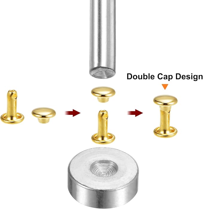 HARFINGTON 100 Sets Leather Rivets 12 x 9mm Metal Double Cap Rivet Snaps Studs Fasteners with 3pcs Setting Tools Rivets for Leather Craft DIY Repair Decoration, Gold Tone