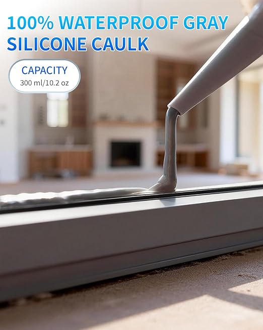 Silicone Caulk & Sealant Gray, 100% Waterproof Silicone Sealant, Shrink & Crack Proof, Silicone Caulking for Kitchen, Bathroom, RV, Interior & Exterior Use, 10.2 FL. OZ/300ML, 1 Pack