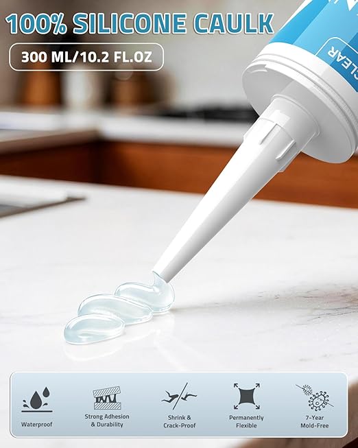 PAULINN Silicone Sealant, 100% Silicone Caulk Clear Waterproof for RV, Kitchen, Bath, General Use, Window, Door, Glass, Marine, 10.2 Oz, 1 Pack