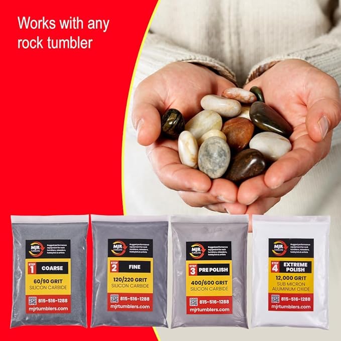Rock Tumbler Grit Kit Refill for 6lb Tumblers, 4 Step Silicon Carbide & 12,000 Grit Aluminum Oxide Polish, Stone Polishing Kit for Rotary & Vibratory Rock Tumblers