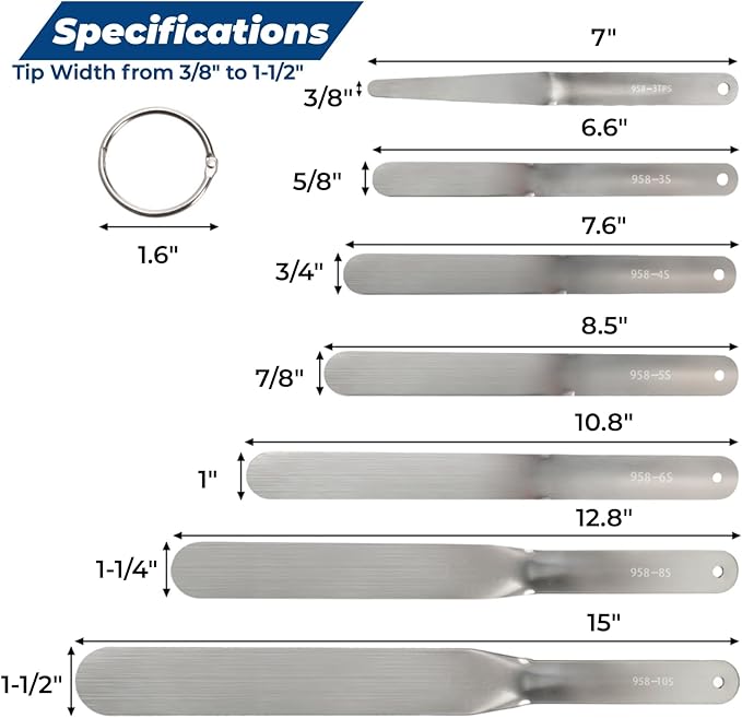7-Piece Caulking Spatula Set, Stainless Steel Streamlined Caulk Knife Set, Muti-Purpose Caulk Tool Kit Finishing Tools Compatible for 958-G01, Tip Width from 3/8" to 1-1/2" for Tile