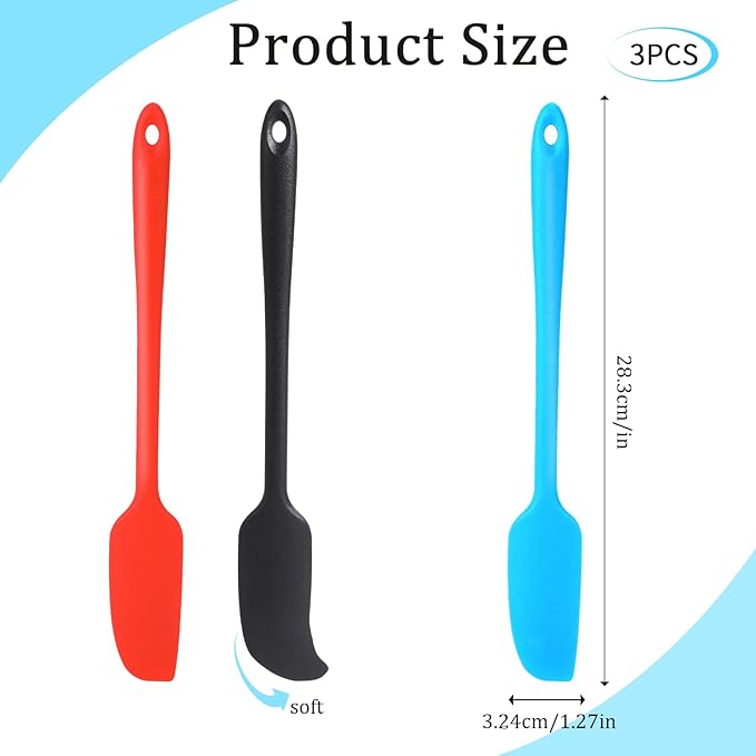 3 Pcs Long Handle Jar Spatulas Silicone Heat Resistant Jar Scraper Jam Spreader Rubber Spatula Non-Stick Small Spatulas for Baking and Cake Icing Kitchen Use, 3 Color