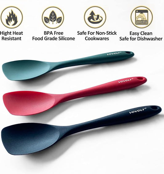 Upgrade Silicone Spatula Spoon Set,VOVOLY Heat Resistant Rubber Spoonula, Seamless Non-Stick Flexible Scrapers for Baking Mixing Tool,3 Pack, Black
