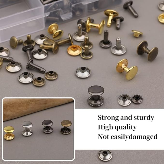 TLKKUE 240 Sets Rivets for Leather 3 Sizes Double Cap Rivets Tubular 4 Colors Leather Rivets with Rubber Hammer Fixing Tool Kit 4 Pieces for DIY Leather Craft Clothes Shoes Decoration and Repair