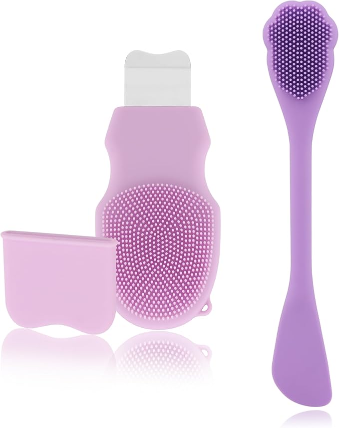 Blackhead Remover Tool for Face and Nose, 2 in 1 Silicone Face Cleansing Brush and Stainless Steel Blackhead Scraper Spatula, Mask Applicator for Men and Women(Purple)
