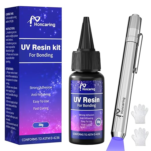 Honcaring UV Resin Kit with Light, Fast Drying Beginner-Friendly Kit, Bonding & Repairing in Seconds, 30g/1oz Clear UV Glue with UV Penlight for Resin, Plastic, Glass, Acrylic