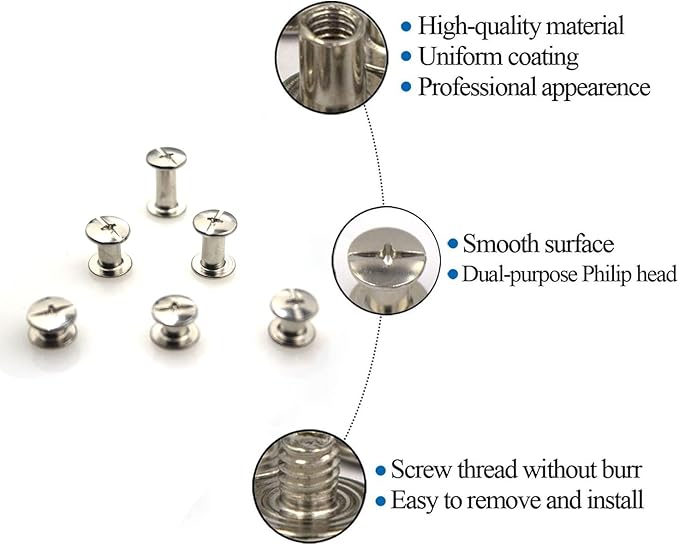 Silver Chicago Screws Leather Kit, 6 Sizes (M5 X 4, 5, 6, 8, 10, 12) | 90 Sets, Screw Rivets, For DIY Leather Craft, For Bookbinding
