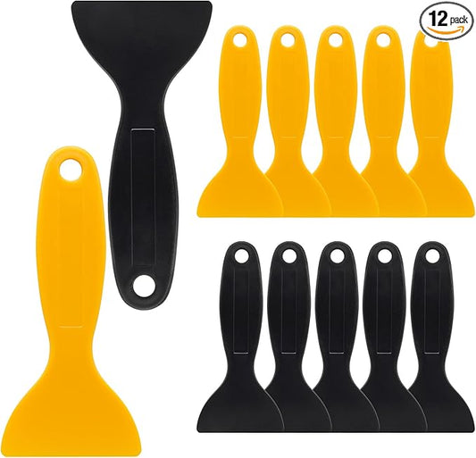 12pcs Plastic Spatula Scraper, Plastic Putty Scraper Air Bubble Remover, Paint Spatula Scraper Cleaner, Resin Print Scraper Sticker Installation Tool for Decal, Grout Removal (Black, Yellow)