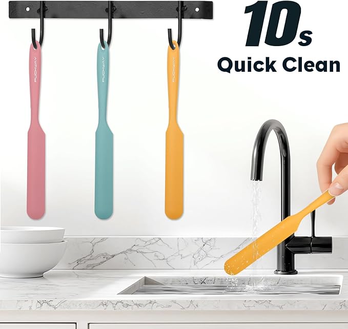 3pcs Silicone Jar Spatulas 10in Long Skinny Heat-Resistant, Narrow Spatula Set for Scraping Peanut Butter, Sourdough, Jam in Small Containers, Blenders & Baking (Yellow & Green & Pink)
