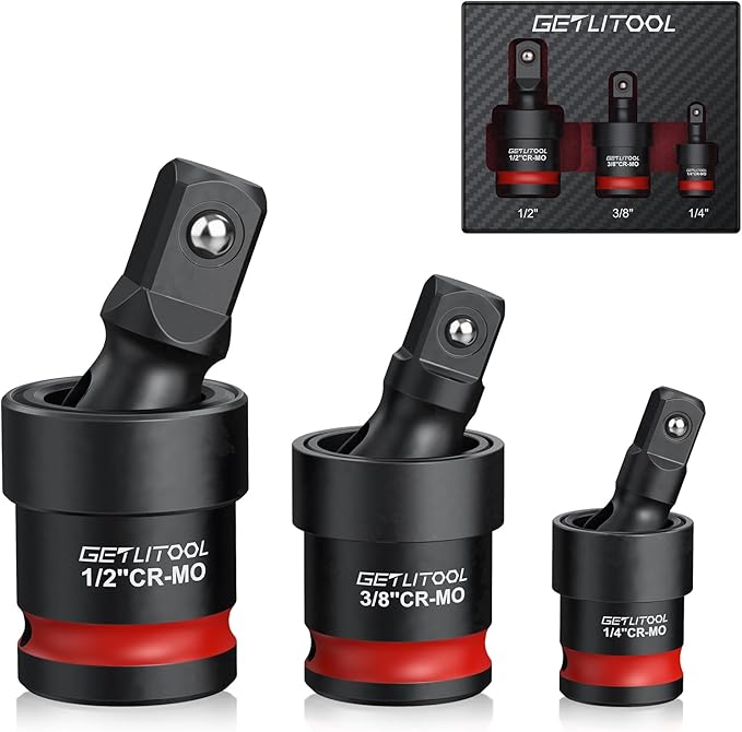 GETLITOOL 3Pcs Swivel Socket Set, Cr-Mo Steel Impact Swivel Socket Set with Corrosion-Resistant Finish, Full 360° Rotation for Impact Wrenches, 1/4", 3/8", 1/2" Drive, Tools for Men's Gift