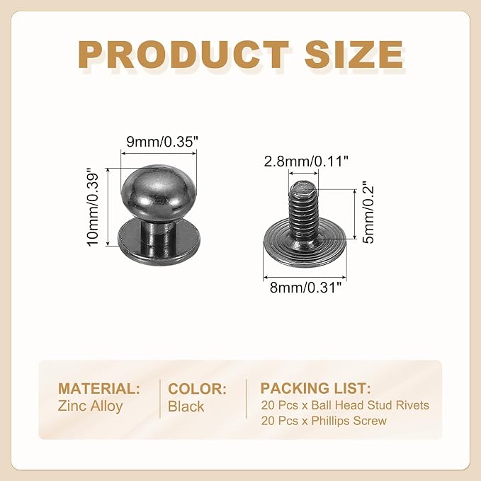 PATIKIL 9 mm Leather Rivets, 20 Sets Ball Head Stud Screw Back Round Head Button Chicago Screw Nipple Stud Rivet for Leather DIY Craft Handbag Belt Repairs, Black