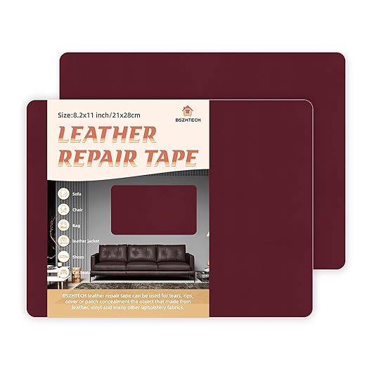BSZHTECH Leather Repair Tape, Self-Adhesive Leather Repair Patch for Couch Furniture Sofas Car Seats, Advanced PU Vinyl Leather Repair Kit(Wine Red,2Pcs 8.2X11 inch)