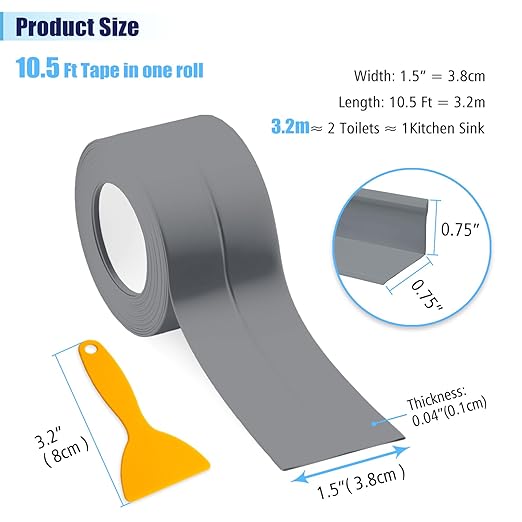 Waterproof Seal Caulk Strip Tape Self Adhesive for Sink Toilet Bathroom Wall Edge Bathtub Oil-Proof Caulking Sealing Tape 1.5" x 10.5' (W*L) 3Pcs Gray