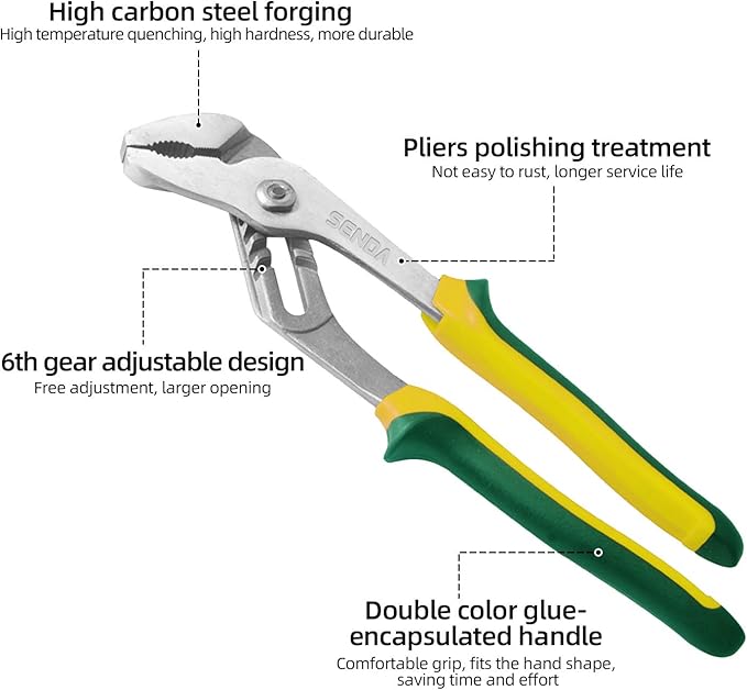 SENDA 10-Inch Groove Joint Pliers, 6 Jaw Positions Adjustable Tongue and Groove Water Pump Pliers, Premium CRV Steel Heavy Duty Plumbing Tool for Home & Industrial Repair