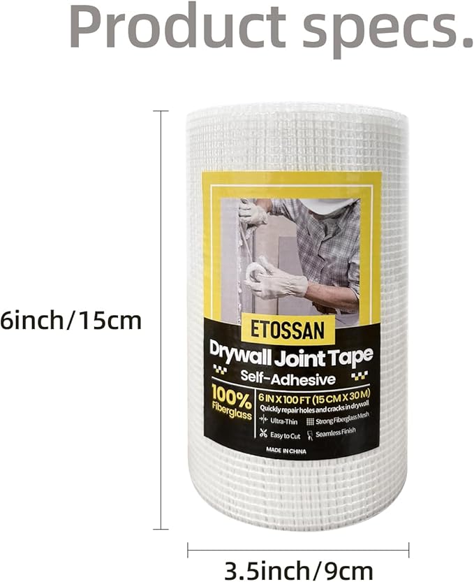 Drywall Joint Tape 6 Inch x 150FT Self-Adhesive Fiberglass Mesh Tape for Wall Crack Repair & Drywall Finishing