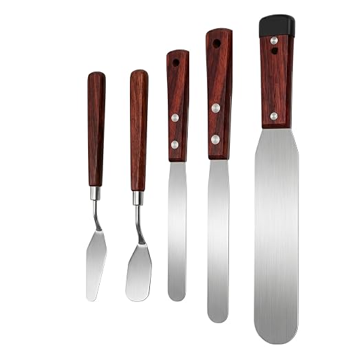 5-Piece Essential Caulk Spatula Set with Wooden Handle | 5-piece caulking finishing tool kit with 1.0mm ultra-flexible stainless steel scraper, canvas bag for sinks, windows,corners