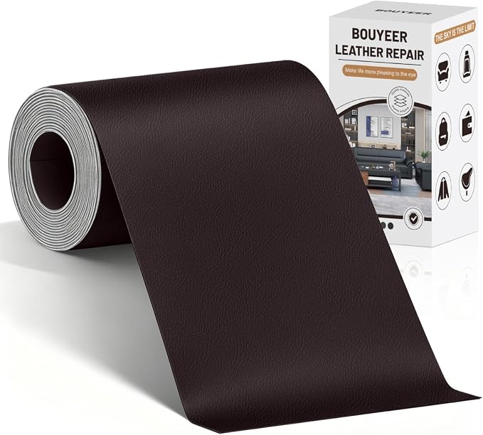 BOUYEER Leather Repair Patch Tape Kit,Self Adhesive Leather Repair for Sofa，Car Seat,Office Chair,Furniture,Jacket,Waterproof Strong Adhesive Vinyl Repair Kit. 4 in x 79 in,Fine Grained Dark Brown