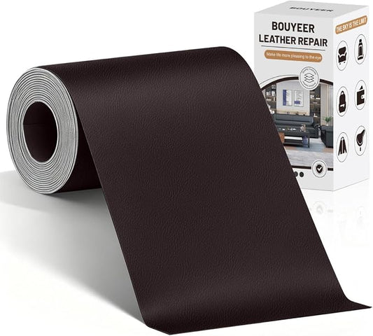 BOUYEER Leather Repair Patch Tape Kit,Self Adhesive Leather Repair for Sofa，Car Seat,Office Chair,Furniture,Jacket,Waterproof Strong Adhesive Vinyl Repair Kit. 4 in x 79 in,Fine Grained Dark Brown