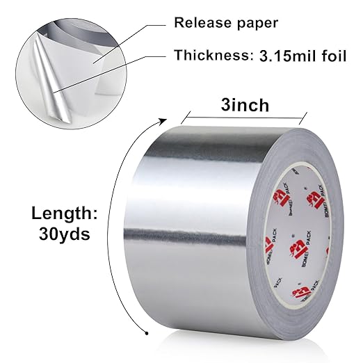 BOMEI PACK Aluminum Foil Tape,Heavy Duty Metal Foil Tape,High Temperature Silver Duct Tape,Perfect for Sealing & Patching,HVAC,Air Ducts,Insulation and Metal Repair (5 Inch)