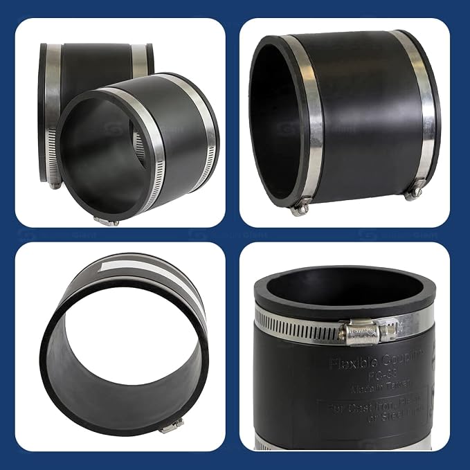 Supply Giant 6I4I Flexible PVC Coupling with Stainless Steel Clamps, 6.6" Inner Diameter for 6" Nominal Pipe, Black
