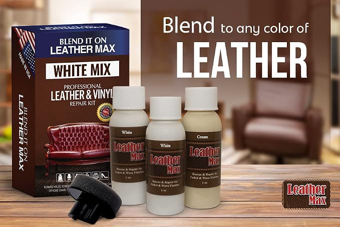 Leather Max Quick Blend Refinish and Repair Kit White, Restore Couches, Recolor Furniture & Repair Car Seats, Jackets, Sofa, Boots 3 Color Shades to Blend with/Leather Vinyl and More (White Mix)