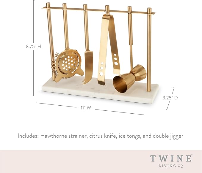 Twine Bar Tool Set Includes Hawthorne Strainer, Citrus Knife, Ice Tongs, Double Jigger with Marble Display Stand for Classic Cocktails and Cold Brew Drinks, Home Bar Cart Accessories, 4-Piece, Gold