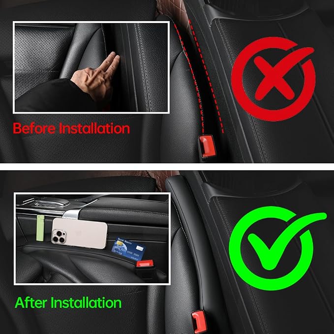 2Pack Leather Car Seat Gap Filler Anti-Drop Console Organizer, Scratch-Resistant Waterproof Easy to Clean, Fits 90% Vehicles Without Blocking Seat Movement (Black&Red)