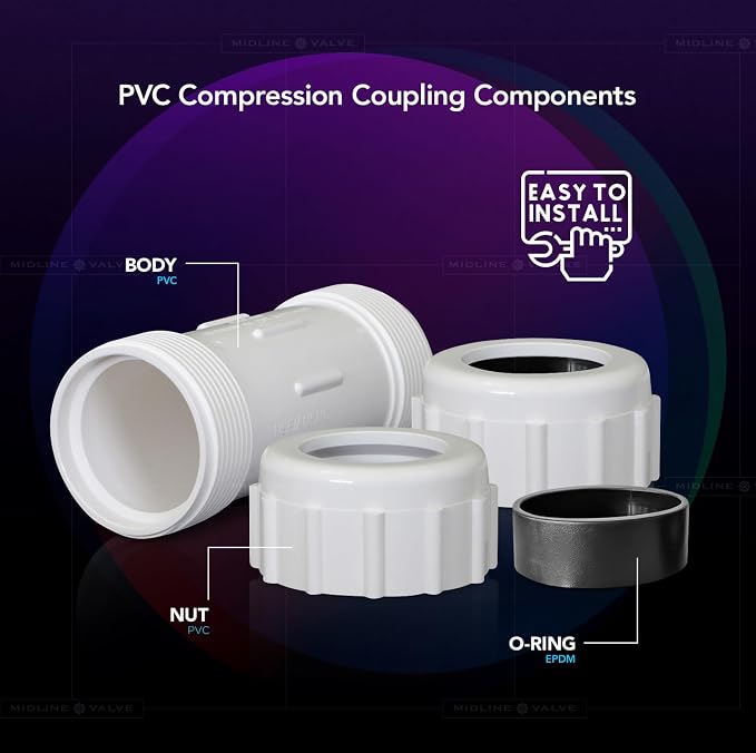 Midline Valve 582DD400 PVC Compression Coupling Pipe Fitting; 4 in.; White Plastic
