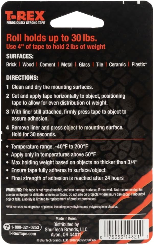 T-Rex Strong Hold Clear Double Sided Mounting Tape, Heavy Duty, All Weather Indoor and Outdoor Use, Clear, 1 in x 60 in, 1 Roll (285338)