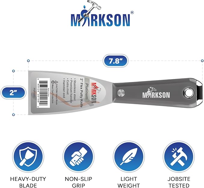 MARKSON Putty Knife 2", Scraper Tool Stainless Steel Blade, Paint Scraper with Nylon Handle Hammer End