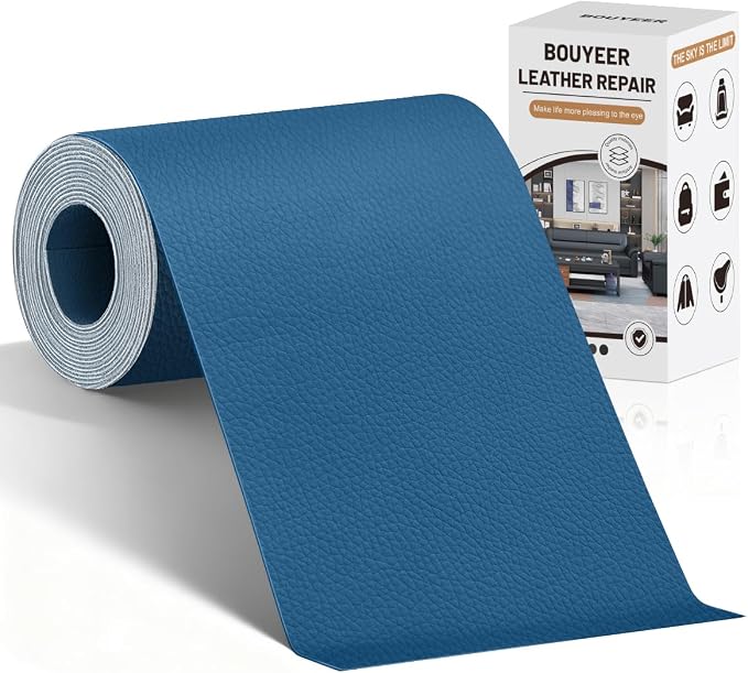 BOUYEER Leather Repair Patch Tape Kit,Self Adhesive Leather Repair for Sofa，Car Seat,Office Chair,Furniture,Jacket,Waterproof Strong Adhesive Vinyl Repair Kit. 4 in x 79 in,Blue