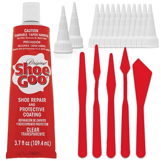 Shoe Goo Repair Adhesive for Fixing Worn Shoes or Boots, Clear, 3.7 Ounce (109.4mL), 10 Snip Tip Applicator Tips and Pixiss Spreader Tools Set