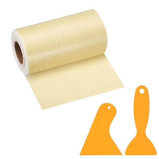 PATIKIL Wood Grain Repair Tape, 4" x 33' Self Adhesive Realistic Wood Tape with Scraper Durable Repair Patch for Furniture Floor Window Door Table DIY Home Decor, Yellow Fir