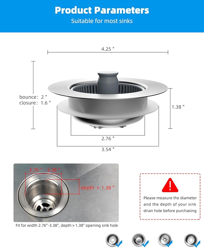 Hibbent Upgraded 3 in 1 Kitchen Sink Drain Strainer and Stopper Combo, Stainless Steel Metal Pop Up Sink Stopper, Anti-Clogging Basket Strainer with Handle for US Standard 3-1/2 Inch Drain